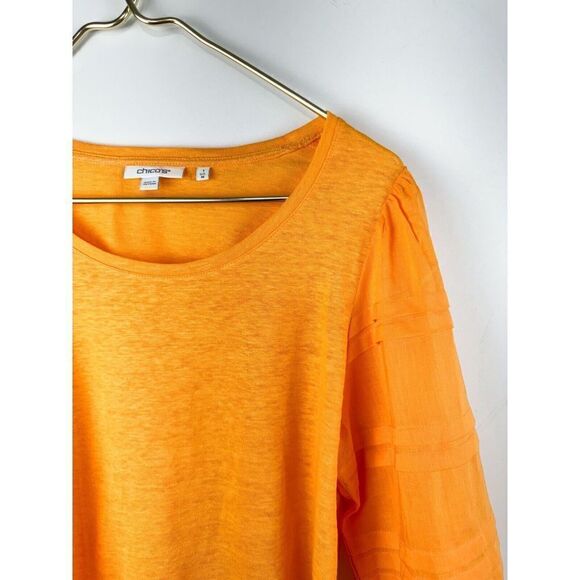 Chicos Linen Womens 1 US M Puff Sleeve Detailed Sleeve Shirt Blouse Orange - Picture 3 of 6